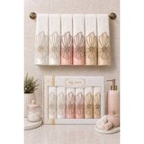 Hig Store Fransız Güpürlü Nakışlı Hediyelik Çeyizlik Gelin Damat Bohçası Kutulu %100 Pamuk Banyo Havlusu Havlu Seti 50X90 Ebat 6 Adet - 50 x 90 cm - Beyaz - Açık Mor