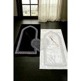 Hig Store Kalpli Eşli Çift Gelin Damat Bohçası Çeyizlik Hediyelik Tesbihli Nakışlı Seccade / Seccade Seti - Siyah - Krem - Gümüş - 70 x 110 cm