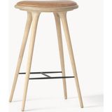 High Stool Meşe Bar Taburesi - Deri Oturaklı, Doğal Tasarım - Açık Kahverengi
