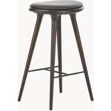High Stool Meşe Bar Taburesi - Deri Oturaklı, Doğal Tasarım - Siyah - Kahverengi