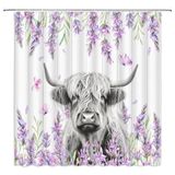 Highland Cow Lavanta Duş Perdesi Mor Çiçek Komik Kelebek Rustik Çiçekli Batı Çiftlik Evi Ahşap Tahta Romantik Sevgililer Günü Banyo Perdesi Seti Polyester Kumaş Kancalar 180 x 180 cm