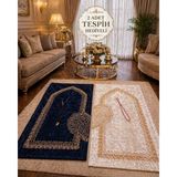 Higliving Kalpli Eşli Çift Gelin Damat Bohçası Çeyizlik Hediyelik Tesbihli Nakışlı Seccade / Seccade Seti 70 X110 - Lacivert - Krem - Altın - 70 x 110 cm