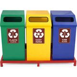 Hijyen Dükkanı 3'lü Kare Geri Dönüşüm Kovası Seti Standlı Metal Sıfır Atık Kutusu Plastik Kağıt Cam 64 Litre S-152 - Çok Renkli