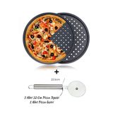 Hilamingo Home 32 CM Paslanmaz Çelik Delikli Büyük Boy Pizza Tepsisi ve Paslanmaz Çelik Pizza Kesici