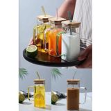 Hilamingo Home Bambu Kapaklı Kulplu Isıya Dayanıklı Termisil Cam Kupa Bardak Kokteyl Sunum Kahve Bardağı 350ml