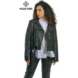 Hilda Deri Emery Biker Tarzı Siyah Oversize Kuzu Derisi Kadın Ceket - 42