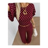 HIMMELDUF Kadın Puantiyeli İkili Takım Crop Bluz Bol Paça Pantolon