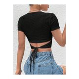 HIMMELDUF Siyah Belden Bağlamalı Kısa Kollu Crop Bluz