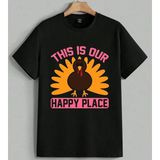 Hindi Happy Place Karpuz Baski Baskılı Unisex Erkek Kadın Oversize Tişört Siyah - XL