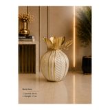 Hinora Dekoratif Metal Vazo Beyaz Gold Eskitme Yaprak Desenli Çiçek Vazosu Salon ve Ofis Dekoru