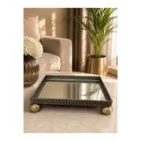 Hinora Eskitme Metal Örgü Aynalı Dekoratif Tepsi Dikdörtgen 37x25 Cm Küre Ayaklı Sunumluk Orta Sehpa ve Dresuar Aksesuarı