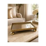 Hinora Gold Metal Örgü Aynalı Dekoratif Tepsi Dikdörtgen 37x25 Cm Küre Ayaklı Sunumluk Orta Sehpa ve Dresuar Aksesuarı