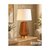 Hinora Home Büyük Boy Amber Cam Abajur 28x28x52 cm Gold Detaylı Beyaz Şapkalı Dekoratif Salon ve Yatak Odası Masa Lambası