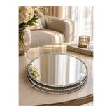 Hinora Home Dekoratif Aynalı Sunum Tepsisi 35 Cm Gümüş Yükseltici Jardinyer Örgü Metal Çerçeveli Yuvarlak Servis Tepsisi