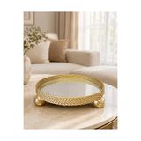 Hinora Home Dekoratif Aynalı Tepsi 35 Cm Altın Yuvarlak Örgü Metal Ayaklı Salon Dekorasyon Tepsisi Orta Sehpa, Konsol ve Dresuar Aksesuarı
