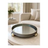 Hinora Home Dekoratif Aynalı Tepsi 35 Cm Altın Yuvarlak Örgü Metal Ayaklı Salon Dekorasyon Tepsisi Orta Sehpa, Konsol ve Dresuar Aksesuarı
