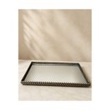 Hinora Home Dekoratif Aynalı Tepsi 37x25 Cm Antik Pirinç Örgü Çerçeveli Dikdörtgen Sunum ve Salon Tepsisi
