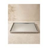 Hinora Home Dekoratif Aynalı Tepsi 37x25 Cm Gümüş Örgü Çerçeveli Dikdörtgen Sunum ve Salon Tepsisi