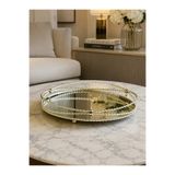 Hinora Home Dekoratif Aynalı Yuvarlak Gümüş Sunum Tepsisi Gold Metal Burgulu Çerçeveli Salon Sehpa ve Söz Nişan Tepsisi