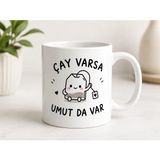 HiperAD Reklam Çay Varsa Umut Da Var Yazılı Çay Poşeti Desenli Porselen Kupa Bardak 300 ml Süblimasyon Baskılı Sevimli Hediyelik Kupa - Renkli