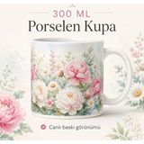 HiperAD Reklam Çiçek Desenli Porselen Kupa 300 ml Zarif Floral Tasarımlı Hediyelik Kahve Çay Bardağı - Renkli