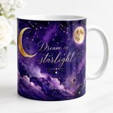 HiperAD Reklam Dream In Starlight Yazılı Ay Yıldız Temalı Mor Galaksi Desenli Porselen Kupa Bardak 300 ml Süblimasyon Baskılı Hediyelik Kupa - Renkli