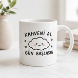 HiperAD Reklam Kahveni Al Gün Başlasın Yazılı Bulut Desenli Porselen Kupa Bardak 300 ml Süblimasyon Baskılı Sevimli Hediyelik Kupa - Renkli