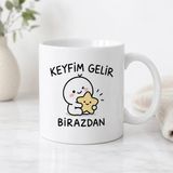 HiperAD Reklam Keyfim Gelir Birazdan Yazılı Yıldız Desenli Porselen Kupa Bardak 300 ml Süblimasyon Baskılı Sevimli Hediyelik Kupa - Renkli