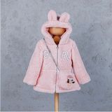 Hippil Baby 9011HP Kız Çocuk Sevimli Tavşancık Kapüşonlu Şeker Çantalı Lüxs Polar Mont - Pudra Pembe - 3 Yaş