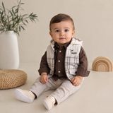 Hippıl Baby Kapüşonlu Ekose Yelekli Gömlek Pantolon Erkek Bebek 3 Lü Takım 6-9/9-12/12-18/18-24 Ay - 9 - 12 Ay - Kahverengi - Krem