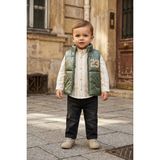 Hippıl Erkek Bebek 3'lü Set - Yeşil Şişme Yelek, Çizgili Pamuklu Gömlek ve Siyah Jean Pantolon Takımı - 6 - 9 Ay