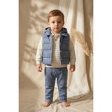 Hippıl Erkek Bebek Dusty Blue Fitilli Kapüşonlu Yelek, Ekose Sweatshirt ve Pantolon 3'lü Kombin Takım - 6 - 9 Ay - Mavi