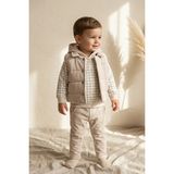 Hippıl Erkek Bebek Dusty Blue Fitilli Kapüşonlu Yelek, Ekose Sweatshirt ve Pantolon 3'lü Kombin Takım - Krem
