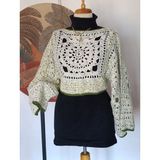 Hippy Butik Kırçıllı Su Yeşili Pembe Yarasa Truvakar Kollu El Örgüsü Tığ Dokuma Tasarım Motifli Crop Kazak - Standart - Açık Su Yeşili