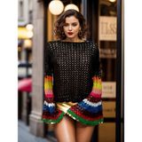 Hippy Butik Soluk Siyah Tüvit Ip Ispanyol Kollu Gökkuşağı Şık Gece Kazak/tunik - S - M - Açık Siyah