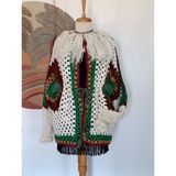 Hippybutik Çok Renkli El Örgüsü Etnik Mandala Motifli Kalın Kışlık Astarsız Ceket / Hırka - Standart - Beyaz - Yeşil - Kırmızı