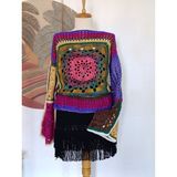 Hippybutik Mandala Desenli El Örgüsü Lila Sarı Yeşil Çok Renkli Otantik Mevsimlik Kazak - Standart