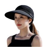 HIQIU Güneş şapkası kadın güneş koruması geniş kenarlı vizör şapka, fermuarlı üst kısım çıkarılabilir şapka, yaz şapkası, golf ve seyahat için güneş şapkası, Siyah, Einheitsgröße-M
