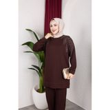 HİRA LİFE FASHİON Moda Efsa Kadın Kahverengi Tesettür Giyim Zarif Taş Detaylı Tunik & Pantolon İkili Takım
