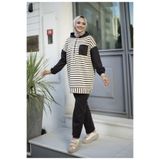 HİRA LİFE FASHİON Moda Efsa Tesettür Giyim Kapüşonlu ve Önü Yarım Fermuarlı Çizgili 2 İplik Pantalon İle Tunik Takım