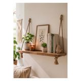 hiraca Bohem Tarz Ahşap Halatlı Duvar Rafı - 70x12 cm - Kitaplık ve Dekoratif Raf Ev Ofis Kafe Dekorasyon