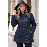 Hiramir Kadın Içi Kürklü Kapüşonlu Suni Deri Belden Büzgülü Mont KS2621 - Lacivert - 2XL