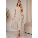 Hiramir Kadın Kısa Kollu Pileli Gold Aksesuar Detaylı Günlük Elbise YZ2745 - 38 - Bej