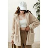 Hiramir Kadın Peluş Kuzu Kıvırcık Oversize Torba Cepli Mont Ekru Renkli Kış Modeli