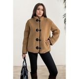 hiramir Peluş Deri Biyeli Çoban Düğmeli Mont Camel KS2504