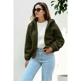 Hiramir Peluş Kapüşonlu Kadın Bomber Mont Taş KS2503 - XL - Haki