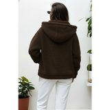 Hiramir Peluş Kapüşonlu Kadın Bomber Mont Taş KS2503 - XL - Kahverengi