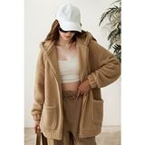 Hiramir Peluş Kuzu Kıvırcık Torba Cepli Kolej Mont Camel KS2526 - XL - Çok Renkli