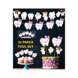 Hiras Dizayn 32 parca Kız Diş Buğday Seti Banner Pasta Kürdanı Cupcake Süsü Seti
