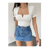 hiraz fashion Kadın Beyaz Sandy Kumaş Kare Yaka Crop Bluz